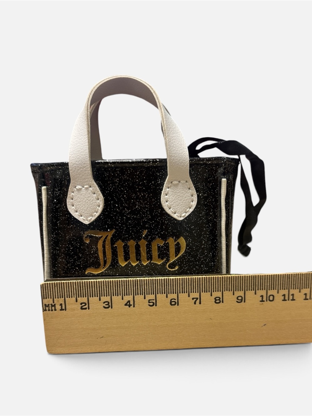 Juicy Couture 3inch Black Glitter Mini Tote with White Handles and Gold Logo